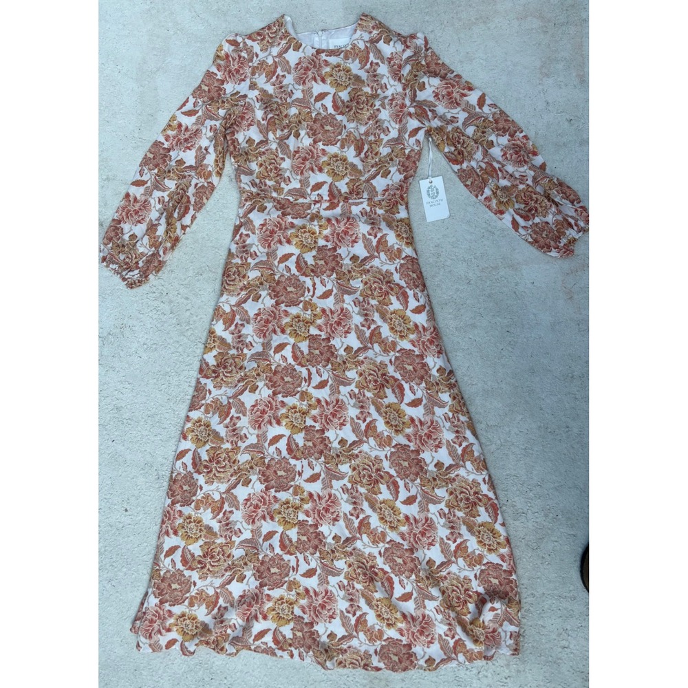 Hyacinth House Floral Maxi Dress Orange Tan Fall Long Puff Sleeve XS NWT AY397D
